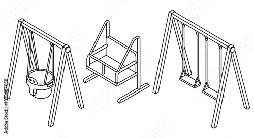 wooden playground equipment swing sandbox black and white.
