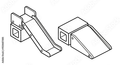 Simple black and white line drawing of skateboard ramps.