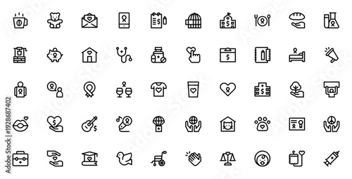Charity icon set. Vector illustration pack. Includes symbols for donate, volunteer, heart, hospital, education, hands, health, peace and more. Editable stroke.