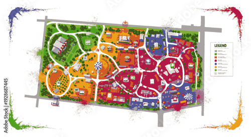 Vibrant urban planning map with colorful residential areas and green spaces