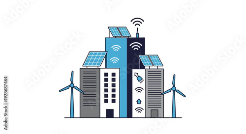 Modern cityscape with renewable energy sources and wireless communication