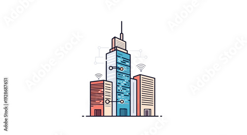 Modern city buildings vector illustration depicting connectivity and wireless signals