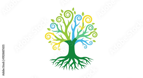 Colorful tree graphic illustration on white background for design and branding