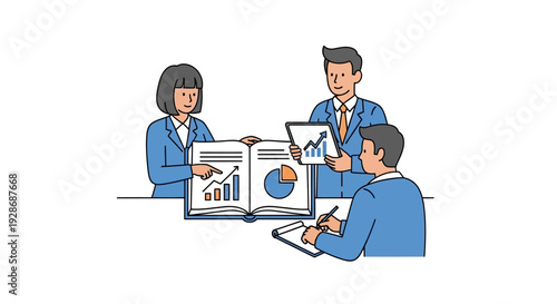 Business professionals analyze financial data and charts during a meeting illustration