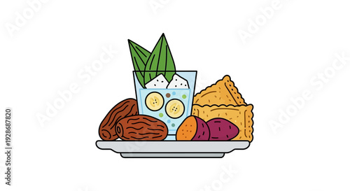 Delicious food platter with tropical drinks and various treats isolated on white