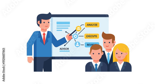 Business presentation illustration of advisor explaining strategy to team