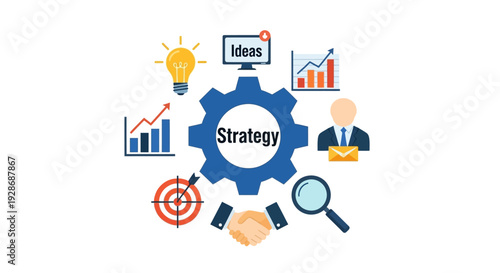 Business strategy icons gear with charts targets and symbols on white