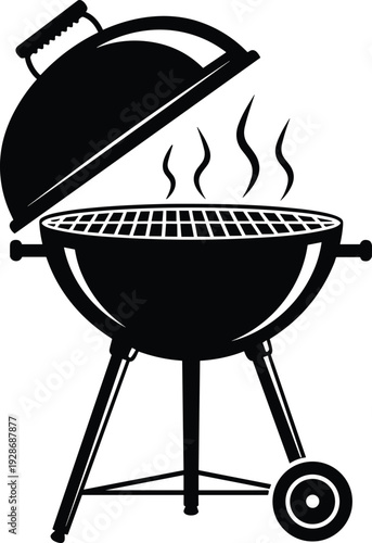 Barbecue grill silhouette vector illustration, outdoor charcoal kettle grill with open lid and steam, cooking equipment icon, black and white design, 