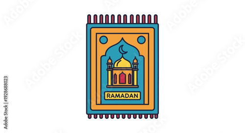 Illustrated ramadan prayer mat design with mosque illustration and crescent moon