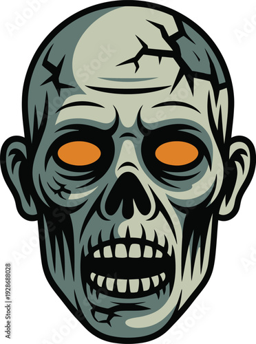 Creepy Zombie Head Vector Illustration with Cracked Skull and Glowing Orange Eyes for Halloween