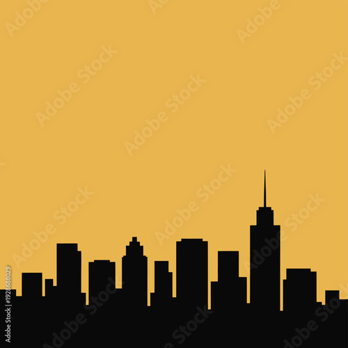 A stark black silhouette of a city skyline against a muted yellow background.