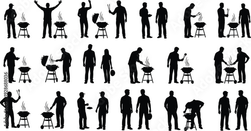 Barbecue grilling people silhouette collection, men cooking food on outdoor grill in social party poses, black summer lifestyle vector illustration set