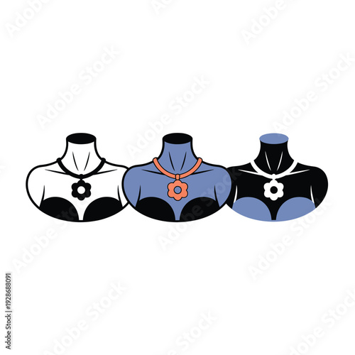 Three stylized female torsos display necklaces with floral pendants in a row.