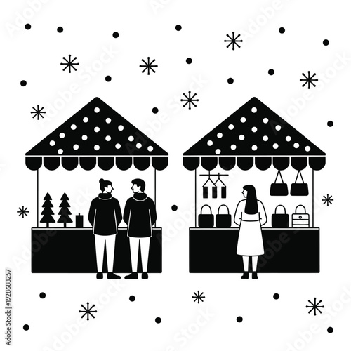 People browse stalls at a snowy outdoor market during the winter season.