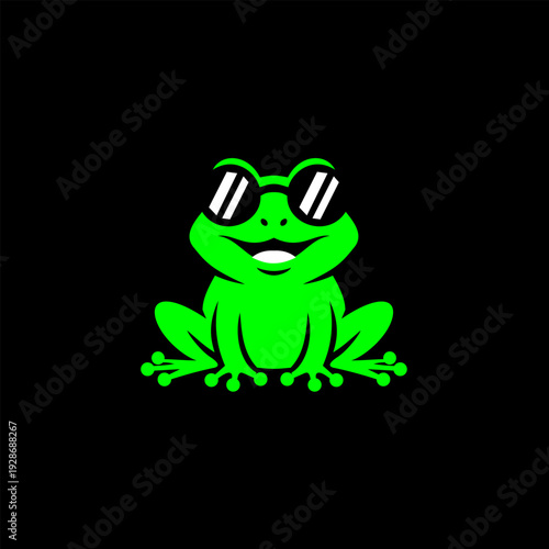 Cool green frog wearing sunglasses, vibrant cartoon vector illustration isolated on black background, funny animal character