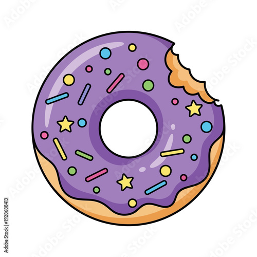 Delicious Purple Donut with Colorful Sprinkles and a Bite Taken Out