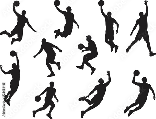 Basketball player silhouette vector, dynamic action poses, dribbling, dunking, shooting, sports illustration, athletic movement, black figures, isolated design elements