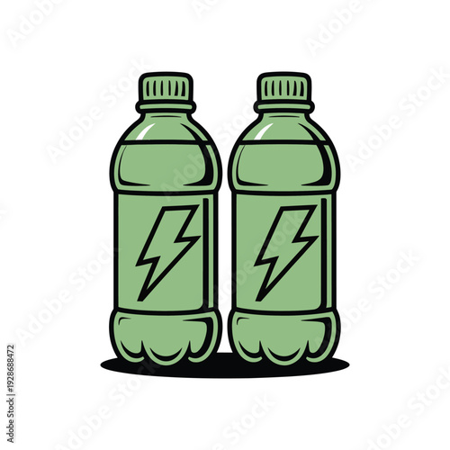 Two green bottles with lightning bolt symbols stand side-by-side.