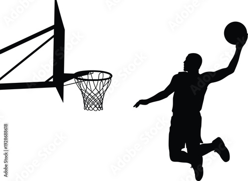 Basketball player silhouette, slam dunk action, airborne athlete illustration, dynamic sports moment, black and white vector art, hoop and backboard included