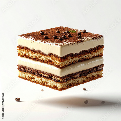 tiramisu square cake 3d with soft shadow on white background