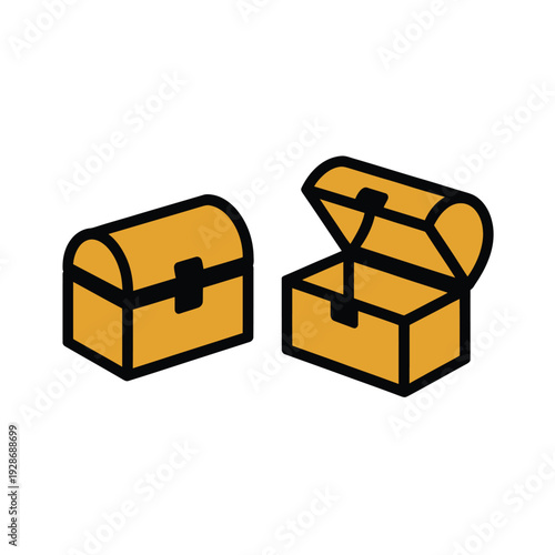 Two golden treasure chests are depicted side-by-side, one open and one closed.