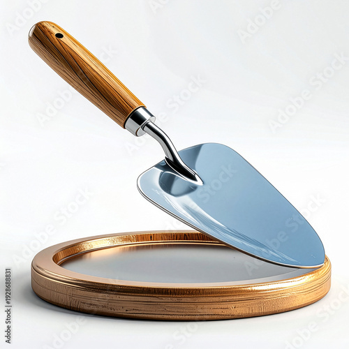 masonry trowel with wooden circle board 3d icon on white background