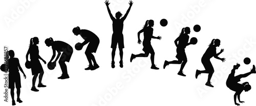 Basketball players silhouettes in action poses, black vector illustration showing dribbling, jumping and shooting movements, dynamic sports training and teamwork concept