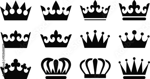 Royal crown silhouette collection with king queen tiara icons isolated black vector set