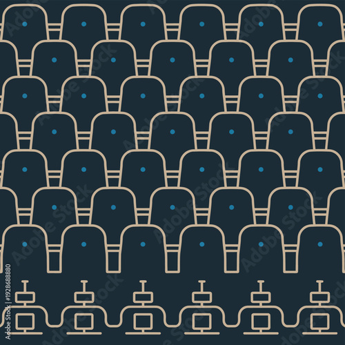 Rows of empty stadium seats with a decorative border at the bottom.