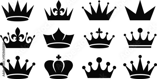 Royal crown silhouette set with king queen tiara icons isolated black vector