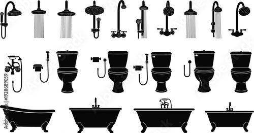 Bathroom fixtures silhouettes vector set featuring showers, toilets, bathtubs, faucets, and plumbing elements, modern interior sanitary ware icons for home renovation design