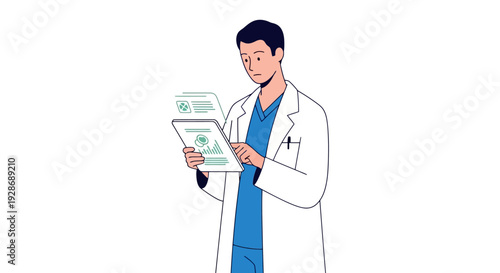 Male doctor or scientist meticulously reviewing critical medical documents, including a biohazard report, symbolizing health safety, research, and diligent analysis