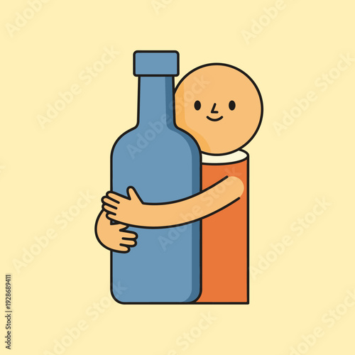 Person Hugging Giant Blue Bottle, Addiction Concept, Isolation, Dependence