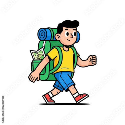 Young boy with backpack hiking adventure, exploring nature with map, summer travel vacation