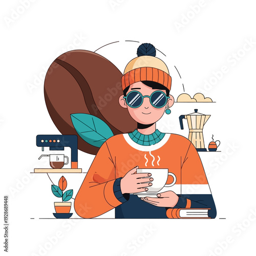 Cozy person enjoying hot coffee with espresso machine and giant coffee bean