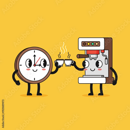 Cute cartoon clock and coffee machine toasting with coffee cups, yellow background