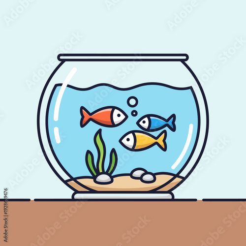 Cute cartoon fish swimming in a glass fishbowl with aquatic plants and pebbles