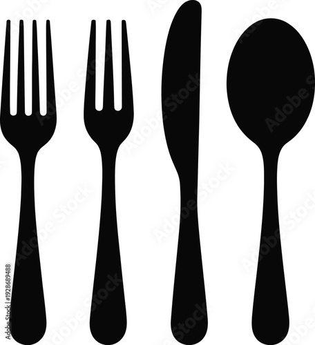 Cutlery Set Silhouette: Two Forks Knife Spoon on White Background Vector Graphic