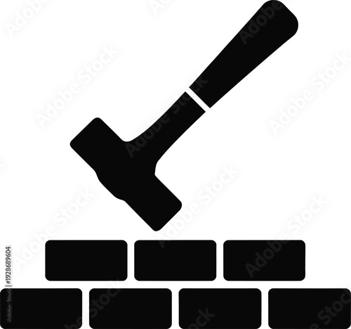 Hammer Breaking Brick Wall Construction Symbol Vector Icon