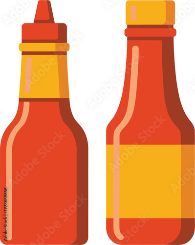 Ketchup and Mustard Bottles Vector Illustration Condiment Containers in Red and Yellow Food Service Icon