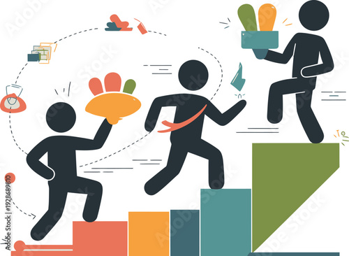 Stick Figure Falling Down Stairs and Experiencing Workplace Mishaps with Objects