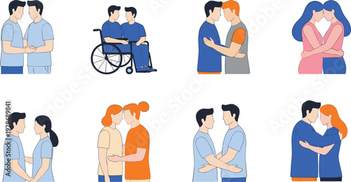 Diverse couples illustration featuring affectionate poses, inclusivity with disability representation, LGBTQ relationships, and multicultural love, ideal for 