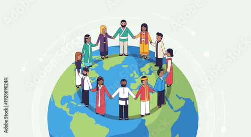 Diverse people standing united around the globe in harmony