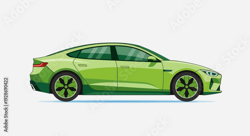 Flat vector illustration of a modern green electric car in side view. Eco friendly transportation concept representing electric vehicle technology, sustainable mobility, clean energy and environmental