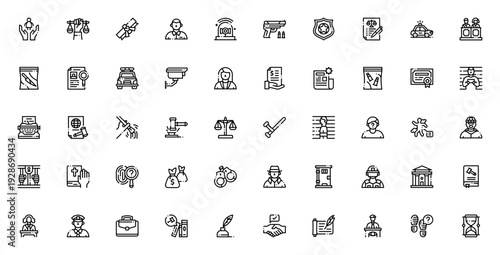 Law and Justice icon set. Vector symbols for custody, scale, defendant, police, lawyer, gavel, handcuffs, courthouse, judge and more. Editable thin line illustrations.