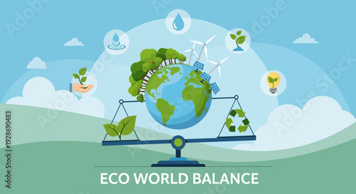 Flat vector illustration of eco world balance concept showing planet Earth balanced with environmental elements such as renewable energy, recycling, green plants, and sustainable resources. Represents