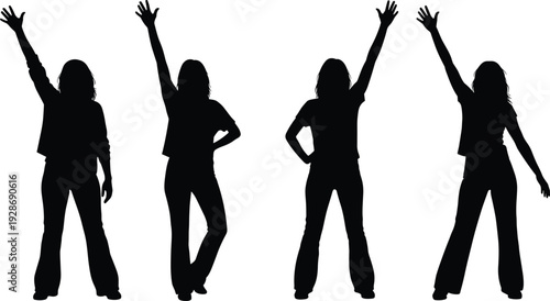 Dancing women silhouettes with raised hands in dynamic party poses isolated on white background, black female vector illustration set for celebration design