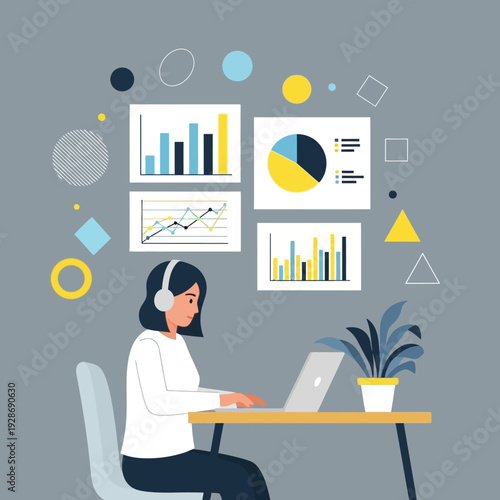 Woman analyzing data on laptop with charts and graphs, remote work, business analytics