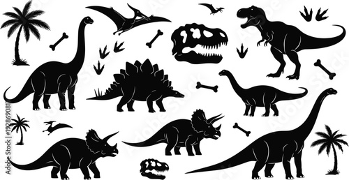 Dinosaur silhouette collection with Tyrannosaurus, Triceratops and Stegosaurus isolated on white background, black prehistoric vector illustration set for kids design