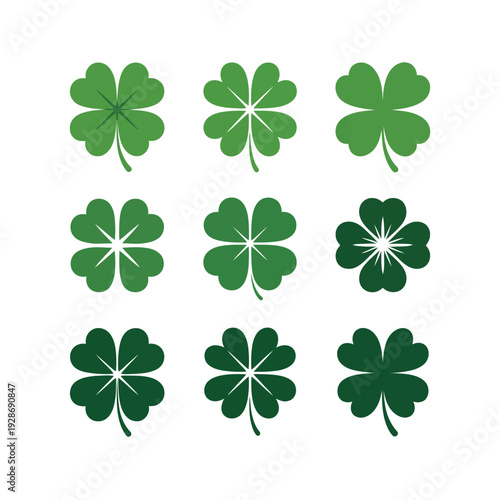 Collection of nine detailed four leaf clovers symbolize good luck.